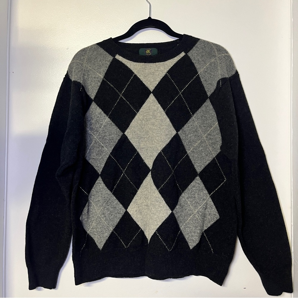 Vintage Men’s Wool Black and Gray Argyle Crewneck Sweater Preppy Lightweight L